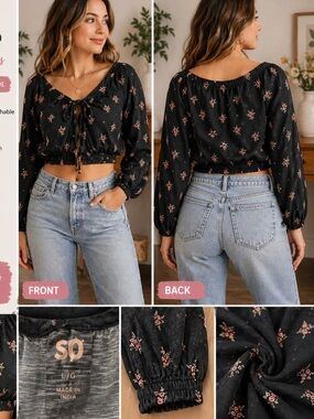 SO Black Floral Tie-Neck Peasant Crop Top LARGE